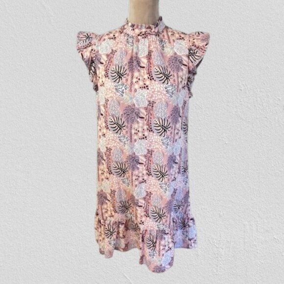 THML Ruffled Flutter Sleeve Tiered Tropical Floral Pink Mini Dress S/M - Picture 1 of 10